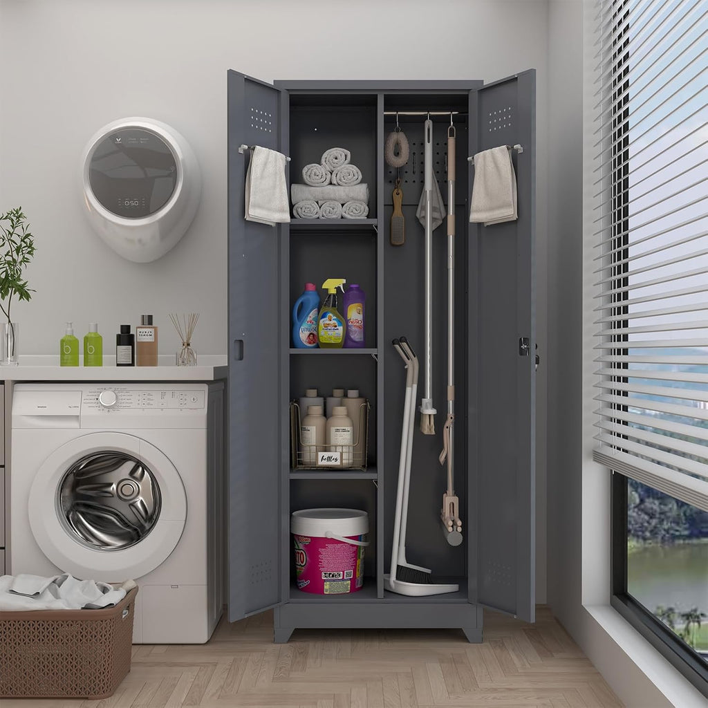 GREATMEET 65" H Metal Garage Storage Cabinets with Lock Door and Adjustable Shelves,Grey Broom Closet Storage Cabinet for Cleaning Supplies for Garage, Bathroom,Kitchen,Home