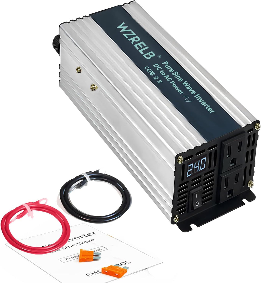 WZRELB 1200W Pure Sine Wave Inverter 24V DC to 110V 120V AC,Car Power Inverter with Dual AC Outlets, LED Display,Off-Grid Portable Power Converter for Home, RV, Truck, Camping