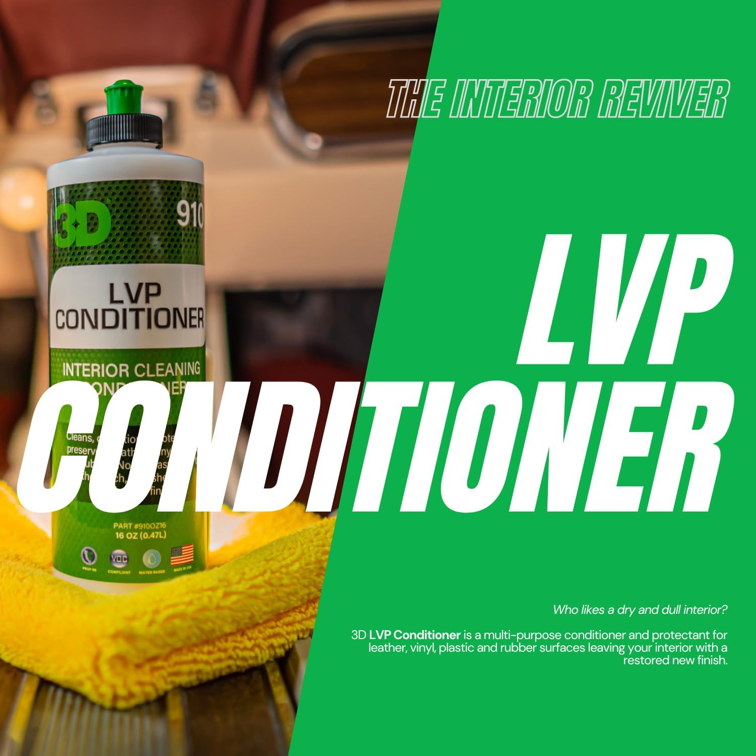 3D Leather, Vinyl & Plastic Conditioner | Restores, Conditions & Protects Car Interiors | Non-Greasy UV Protection for Seats, Steering Wheels, & Trim |16 oz