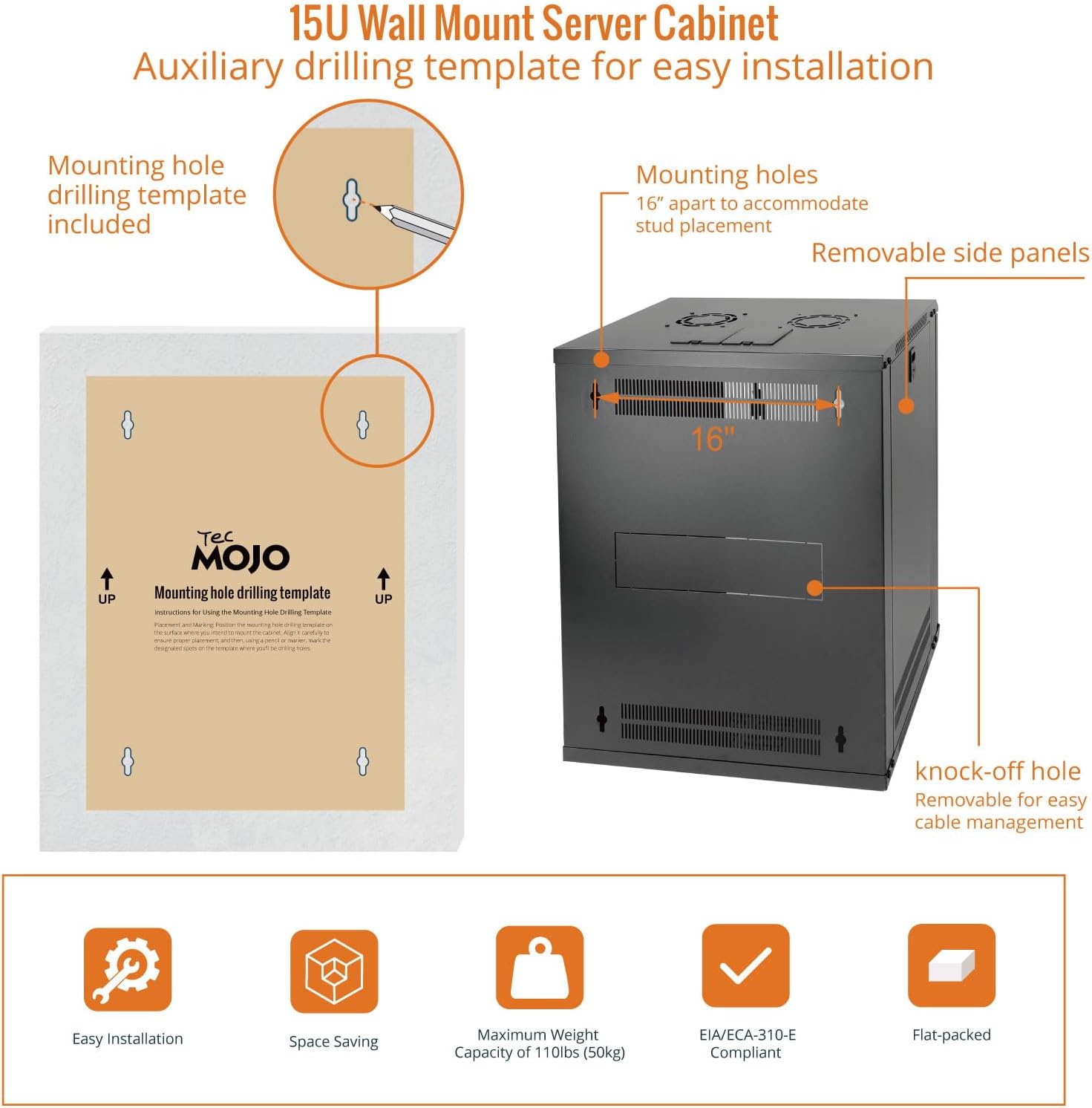 Tecmojo 15U Wall Mount Rack Network Cabinet for 19" IT Equipment,with Lockable Glass Door and Side Panels,Cooling Fan,17.7inch Depth,Black (15U)