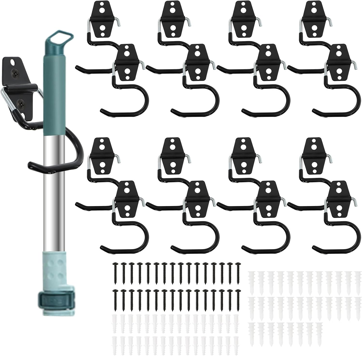 16 Pack Metal Broom Hooks, Heavy Duty Garage Holder Wall Mount, S Type Anti-Slip Mop Rack, Cleaning Tools Holder Storage Organizer Hanger for Shovel Rakes Shed Garden Lawn Yard