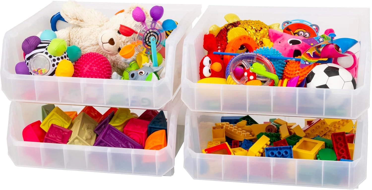 Plastic Containers for Organizing and Storage Bins for Closet, Kitchen, Office, Garage or Pantry Organization, Stackable Bins, Extra Large (14.8" x 16.5" x 7"), 4-Pack, Clear