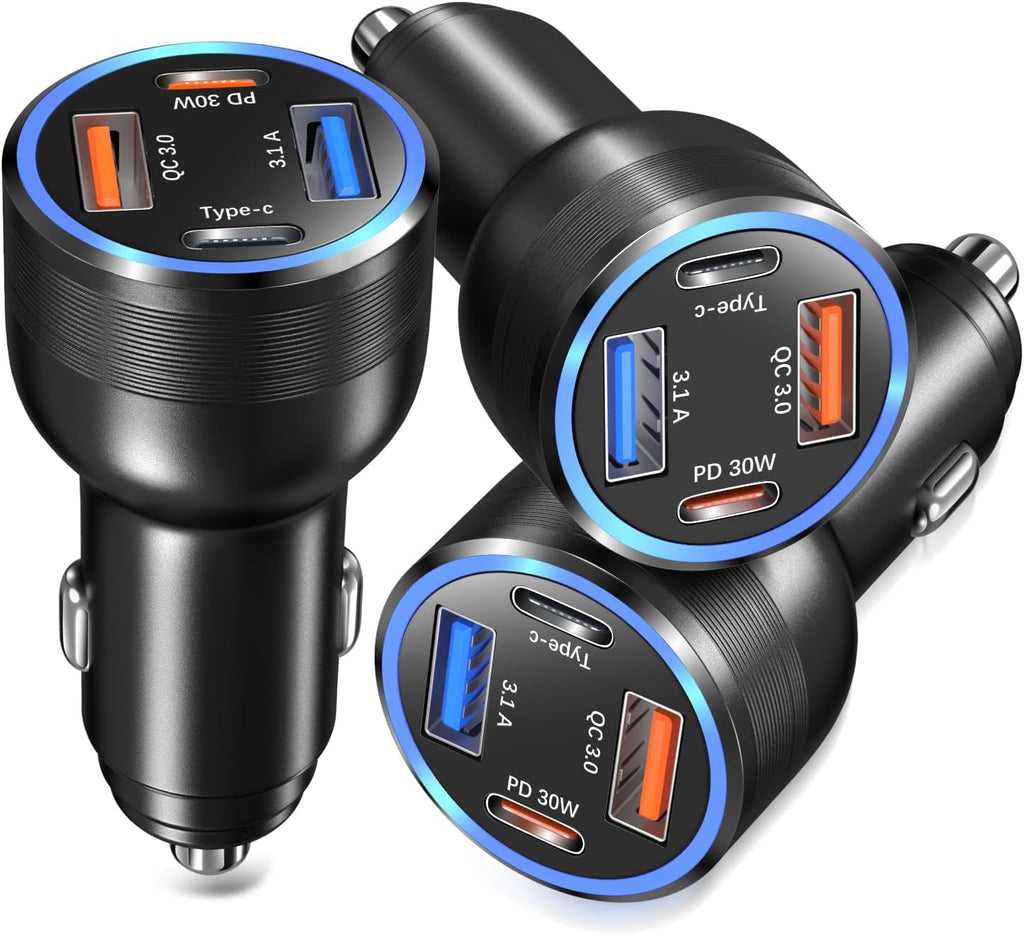 USB C Car Charger 3 Pack, Bangfun 4-Port 65W Dual 12V USB-C & USB A Car Charger Power Adapter QC+PD 3.0 Fast Charging Cigarette Lighter Plug for iPhone 16/15/14/13/11 Pro,Samsung S24,Android(Black)