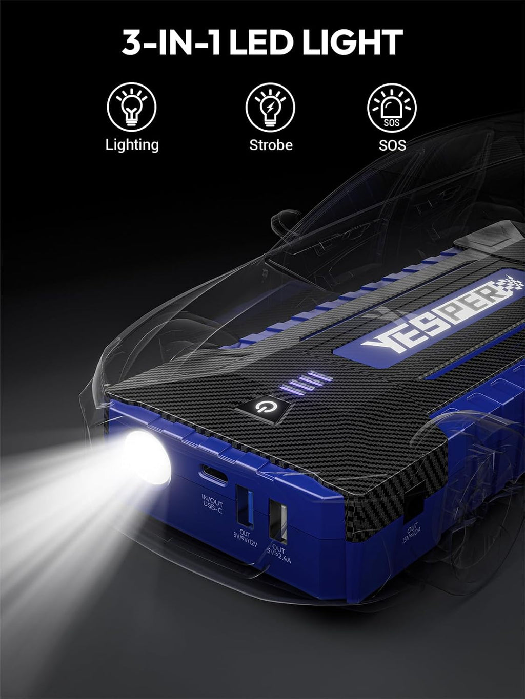 YESPER 2160A Car Jump Starter Portable，Battery Jumper Booster Pack, Boost Jump Box for Most 12V Vehicle (Up to 9.0L Gas/7.0L Diesel Engine), DSLI Safe Tech, PD 15W Fast Charge & DC 15V Port