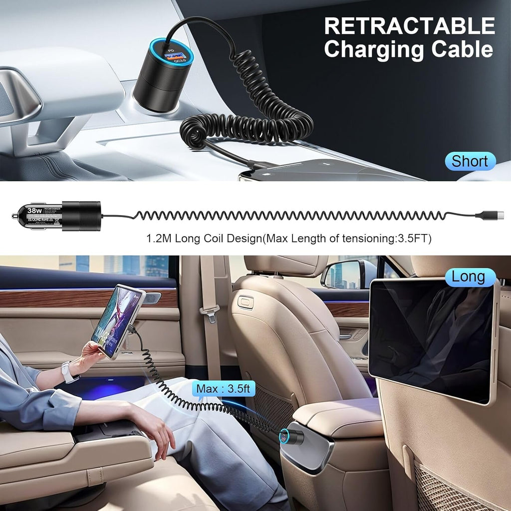 Car Charger USB C,38W Super Fast Car Adapter with PD 3.0 Bulit in 3.5FT USB C Coiled Cable,Car Phone Charger Fast Charging Compatible with iPhone 16/15 Pro Max,Galaxy S25/S24/S23 Note 20/10,Pixel
