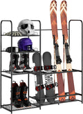 Ski Rack for Garage Freestanding Ski Storage Rack Metal Ski Holders with Storage Shelf Heavy Duty Floor Stand Ski Organizer for Snowboard Ski Poles Ski Boot Goggles Helmet