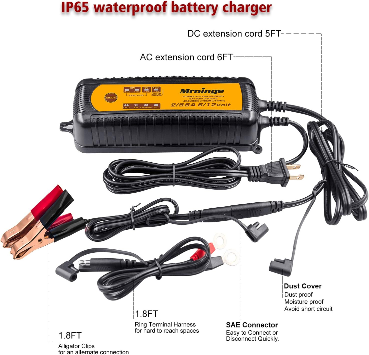 MBC055, 6V/12V 5.5A Smart Vehicle Battery Charger Maintainer for Cars Motorcycles RVs TVs Boat for Normal Lead Acid Gel AGM Sealed Wet or 12V-Lithium(LiFePO4) Batteries, with IP65 Waterproof
