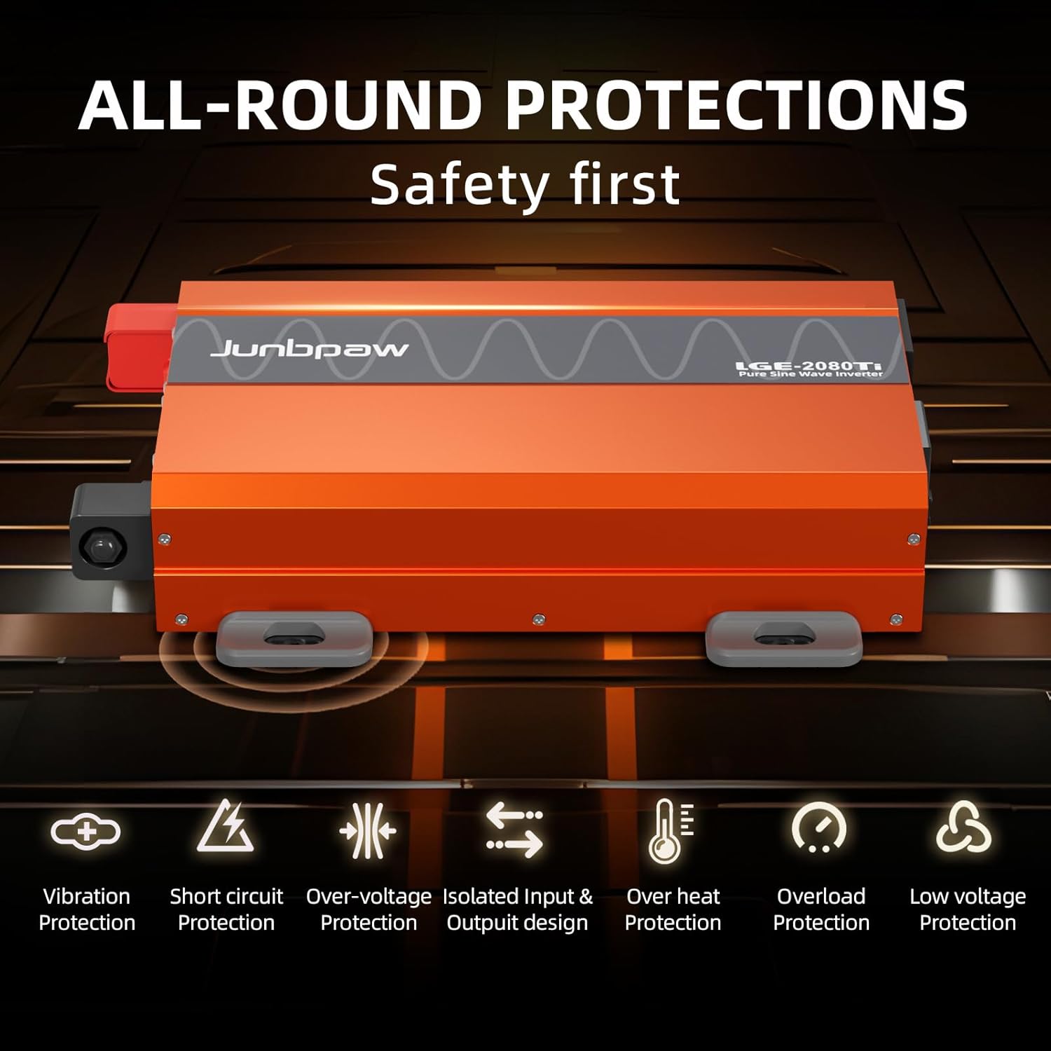 2080W Pure Sine Wave Inverter, 12V DC to 110V/120V AC, 6000W Peak, 5V/2.1A USB, Quiet Fan, Capacitor, Off-Grid Solar Power for RV, Camping, Emergency, Truck (LGE-24-2080TI)
