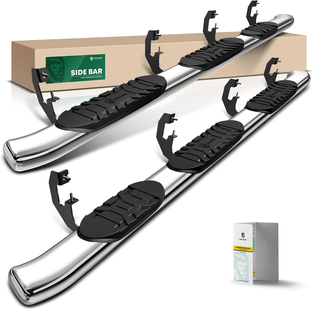 YHTAUTO 5 Inch Running Boards Side Step Bars Fit for 2019-2024 Chevy Silverado & GMC Sierra 1500/2500 HD/3500 HD - Crew Cab (6.5' Standard Bed Only), 304 Stainless Steel Oval Bent Truck Step Rails