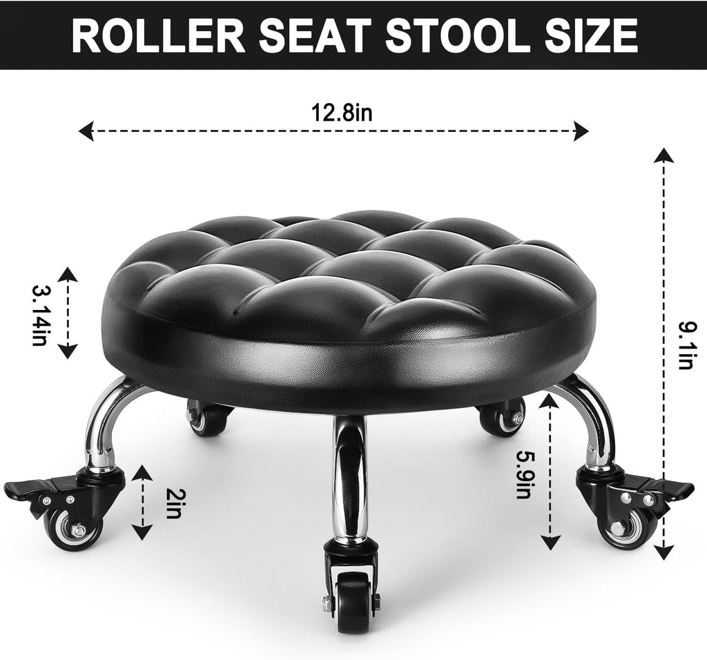 Low Rolling Stool, Low Stool with Wheels, PU Leather Low Roller Seat Stool Chair, Rolling Seat Stool for Home Office Garage Shop (Style 1)