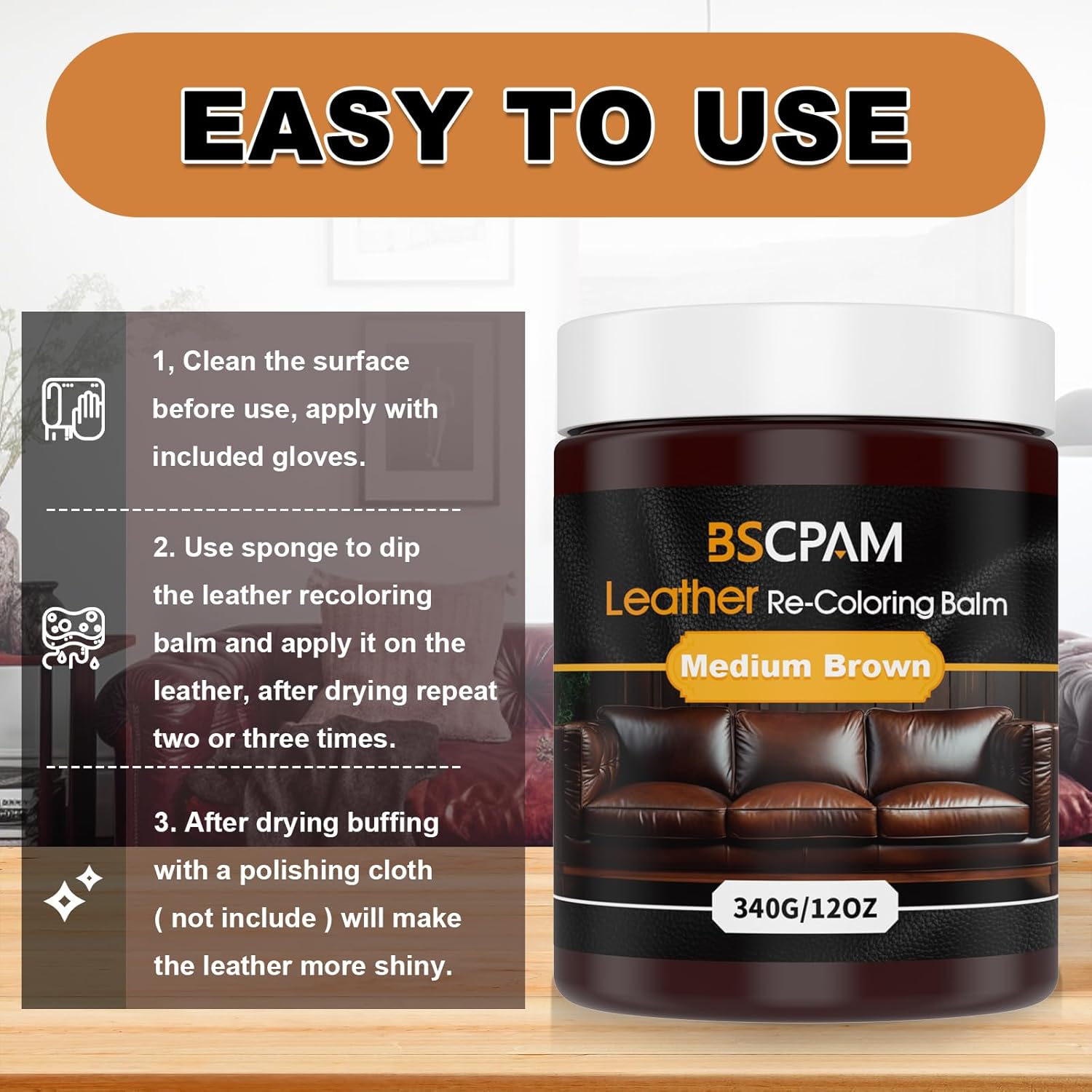 Medium Brown Leather Recoloring Balm, 12oz Leather Color Restorer for Couches, Leather Repair Kit for Furniture, Leather Dye for Leather Fade, Leather Repair Restore car seat