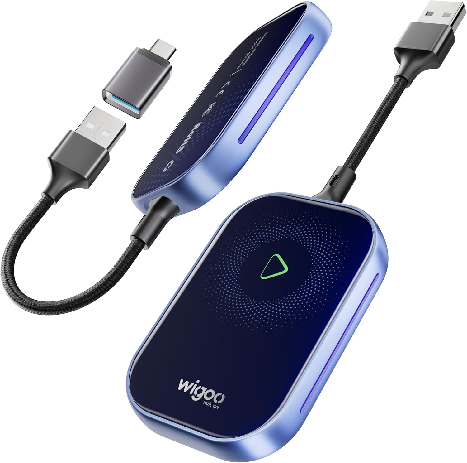Wigoo 2025 Upgrade Wireless CarPlay Adapter for iPhone [Long-Drive Stability, 10s Connect, Easy Use] Converts Wired to Wireless, Low Delay CarPlay Dongle, Fit for Cars with Wired CarPlay, Blue