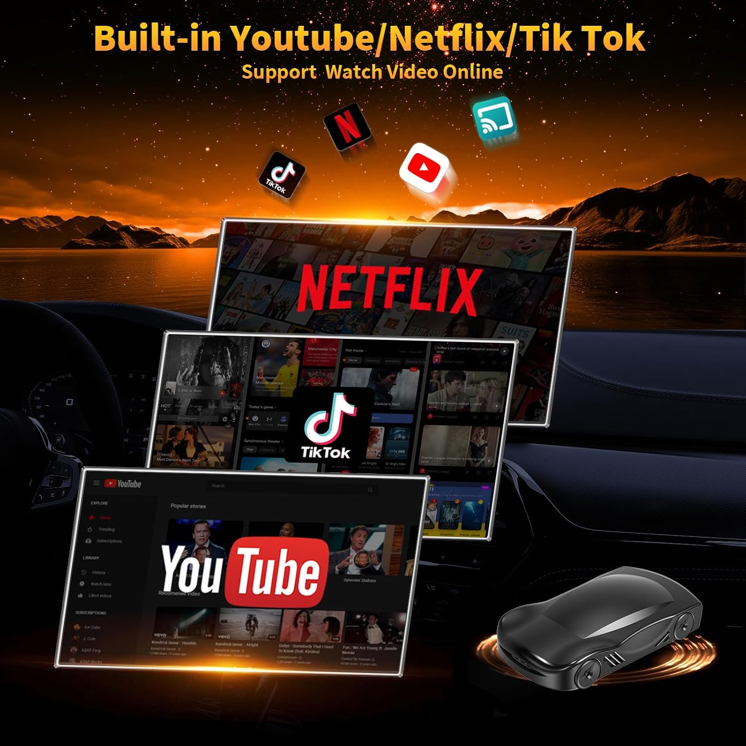 4-in-1 Carplay Ai Box,Wireless CarPlay & Android Auto Adapter,Compatible with N-etflix/YouTube/TIK Tok/Screen Mirror Link/TF Card,Suitable for Cars Equipped with OEM Wired CarPlay,Plug & Play