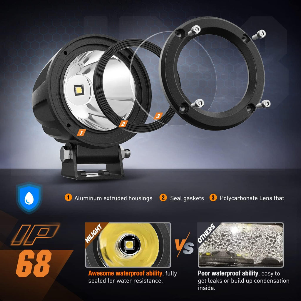 Nilight Motorcycle LED Pods 2 PCS 3 Inch Spot Round Offroad Fog Light 1065LM Built-in EMC Auxiliary Driving Lights for Motorbike SUV ATV Truck Boat Tractor Forklift