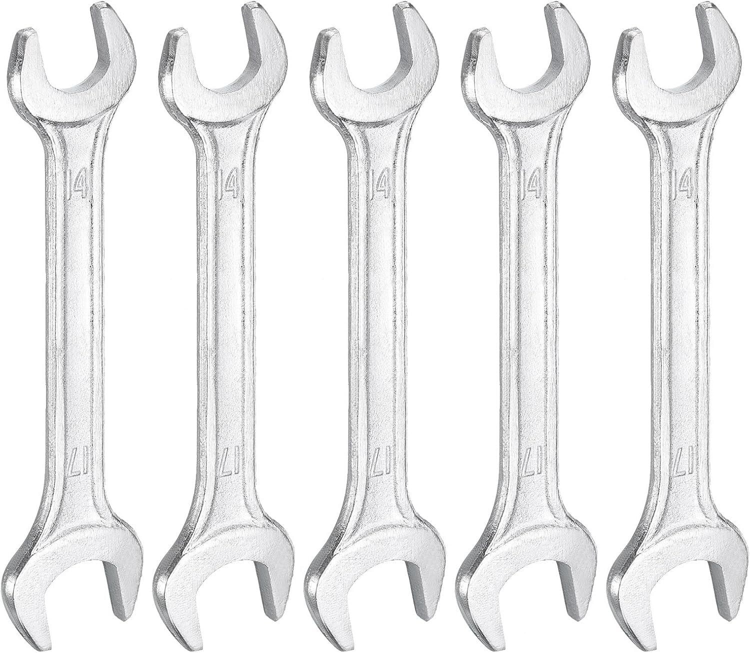 HARFINGTON 5pcs Double Open End Wrench 14mm x 17mm Metric 15 Degree Offset Angle Small Flat Head Wrench Galvanizing Open Ended Spanner for Automotive Repair Furniture Assembly