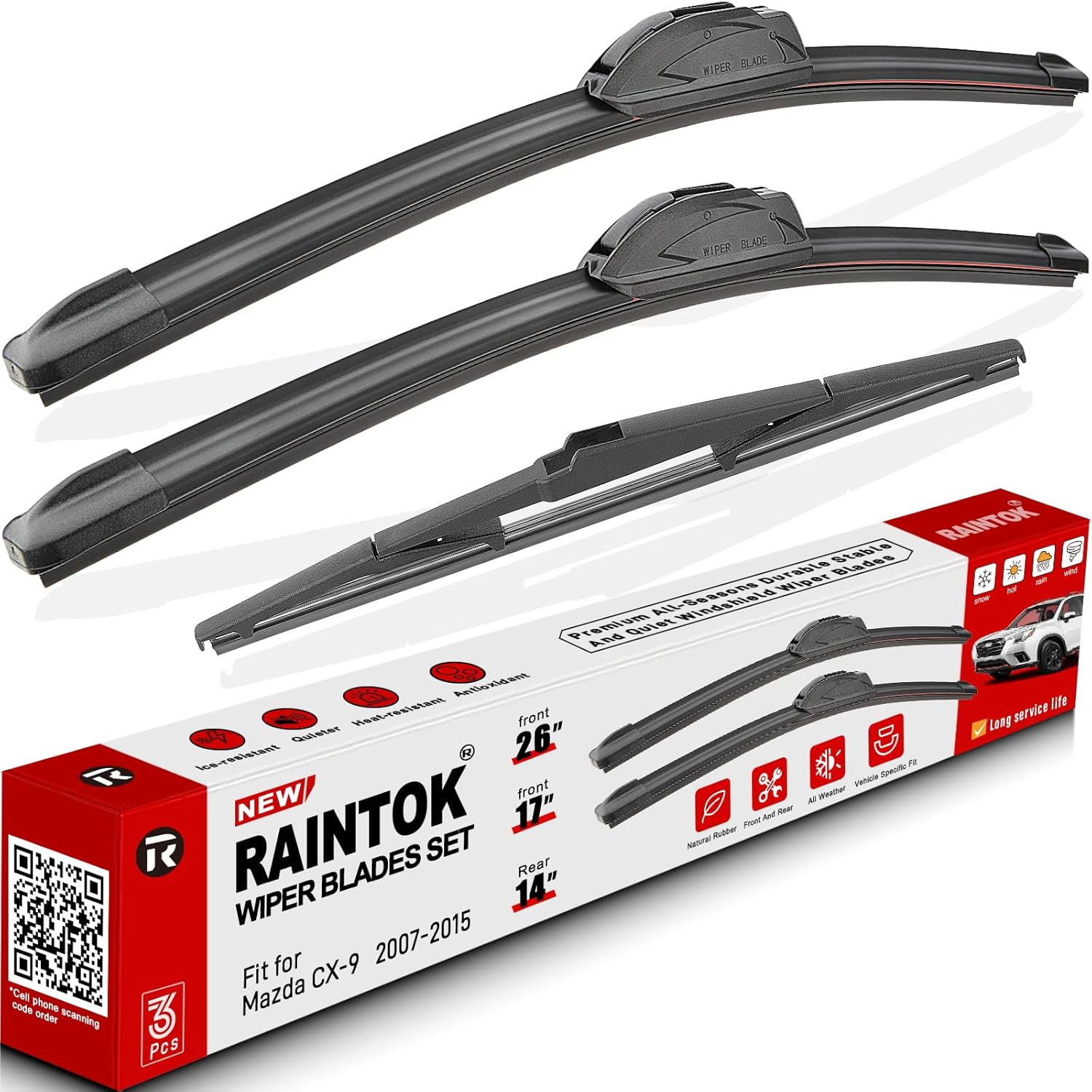 Windshield Wiper Blades Replacement for 2007-2015 Mazda CX9 CX-9 Original Factory Quality Front Rear Wipers Blade Set for My Car - 26" 17" 14" (Pack of 3)