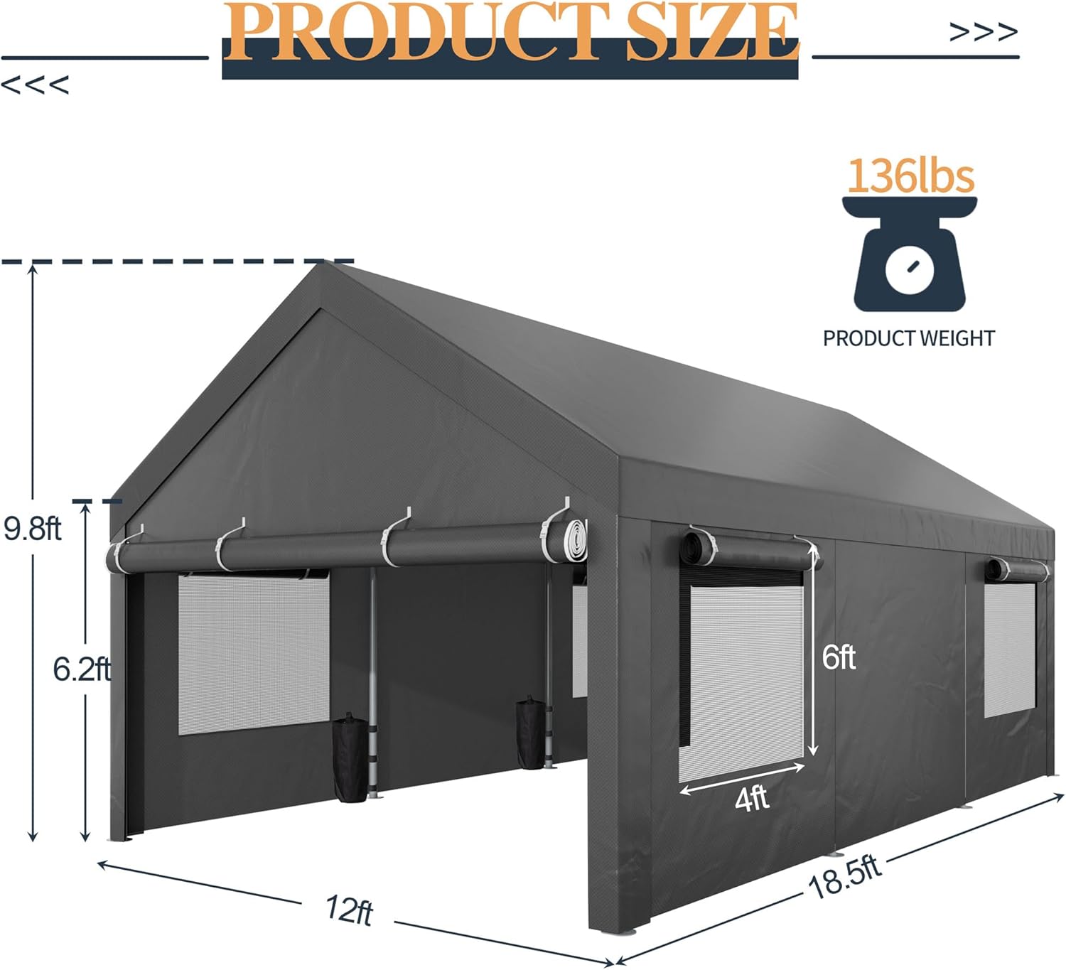 Shintenchi Carport 12' x 20' Heavy Duty Portable Garage, Carport Canopy with Side-Opening Door & Roll-Up Windows, Car Canopy for Truck,Car,Boat,Grey