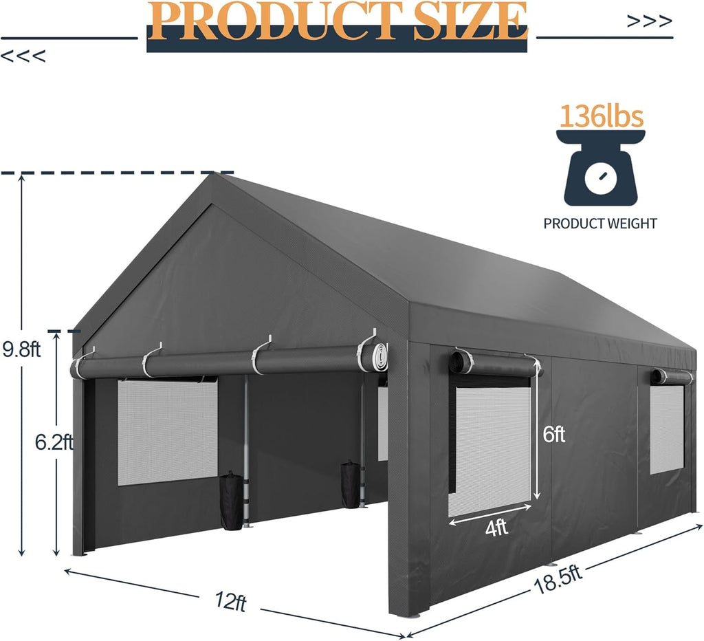 Shintenchi Carport 12' x 20' Heavy Duty Portable Garage, Car Port Canopy with Side-Opening Removable Door & Roll-Up Windows, Car Canopy for Truck,Car,Boat,Motorcycle,Grey