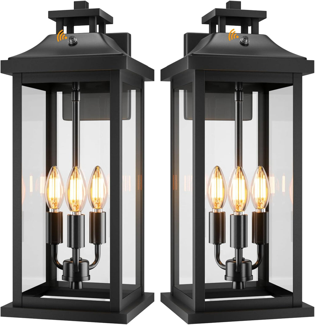 20" Large Dusk to Dawn Outdoor Lights 3-Light, 2 Pack Black Modern Exterior Lighting Fixtures Photocell Sensor Outside Porch Lights Wall Mount, Waterproof Patio Exterior Sconce Lamps E12