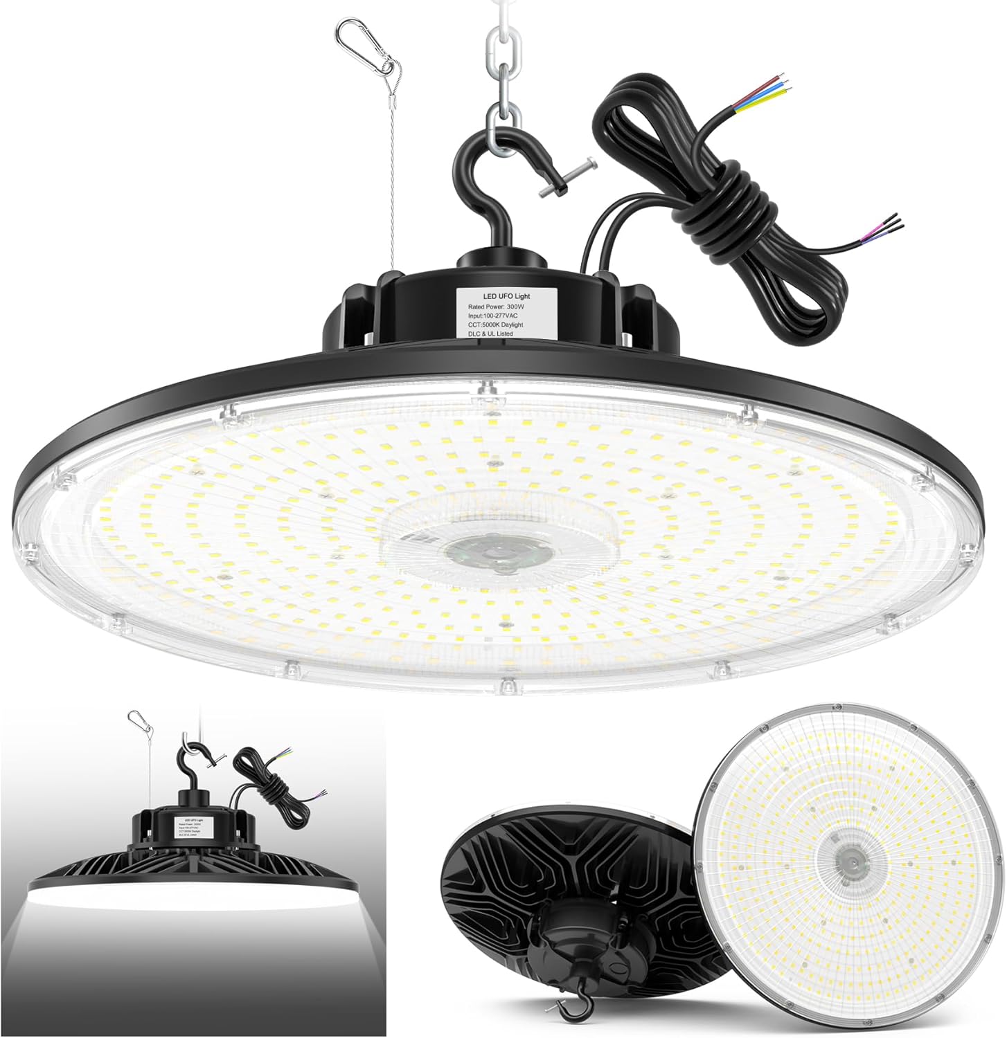 300W UFO LED High Bay Light 1-10V Dimmable, 5000K Daylight 42000LM, UL DLC Listed Low Bay LED Lights for Workshop Factory Warehouse, IP65 Waterproof Shop Lights Low Bay Lighting 100-277VAC Input