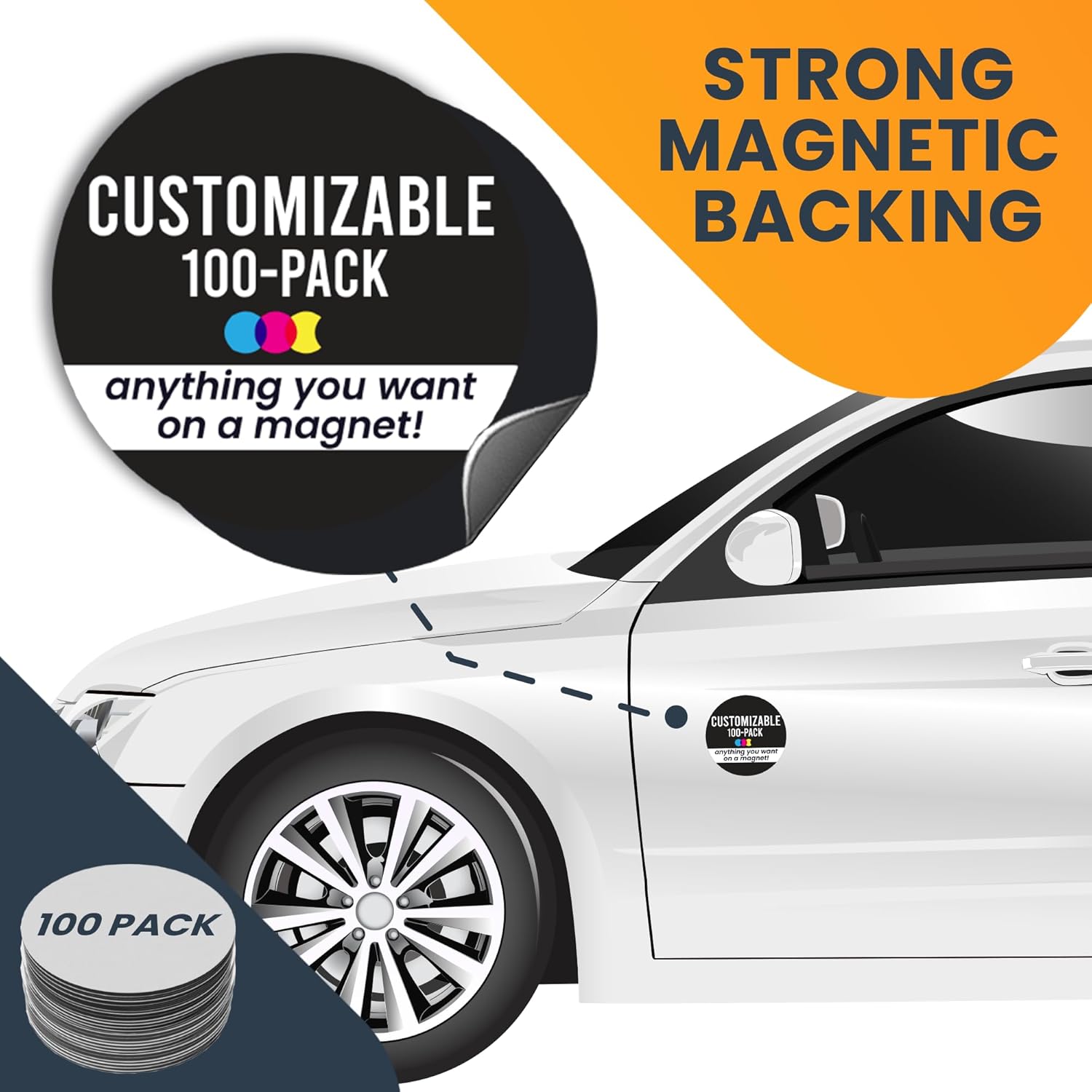 Magnet Me Up Customizable 30 Mil Round Magnet- 5”, 100 PK Weatherproof Car Magnet for Businesses, Sports Teams, Fundraiser, Personal Expression- Custom Text & Logo- Strong Magnetic Vinyl for Vehicles