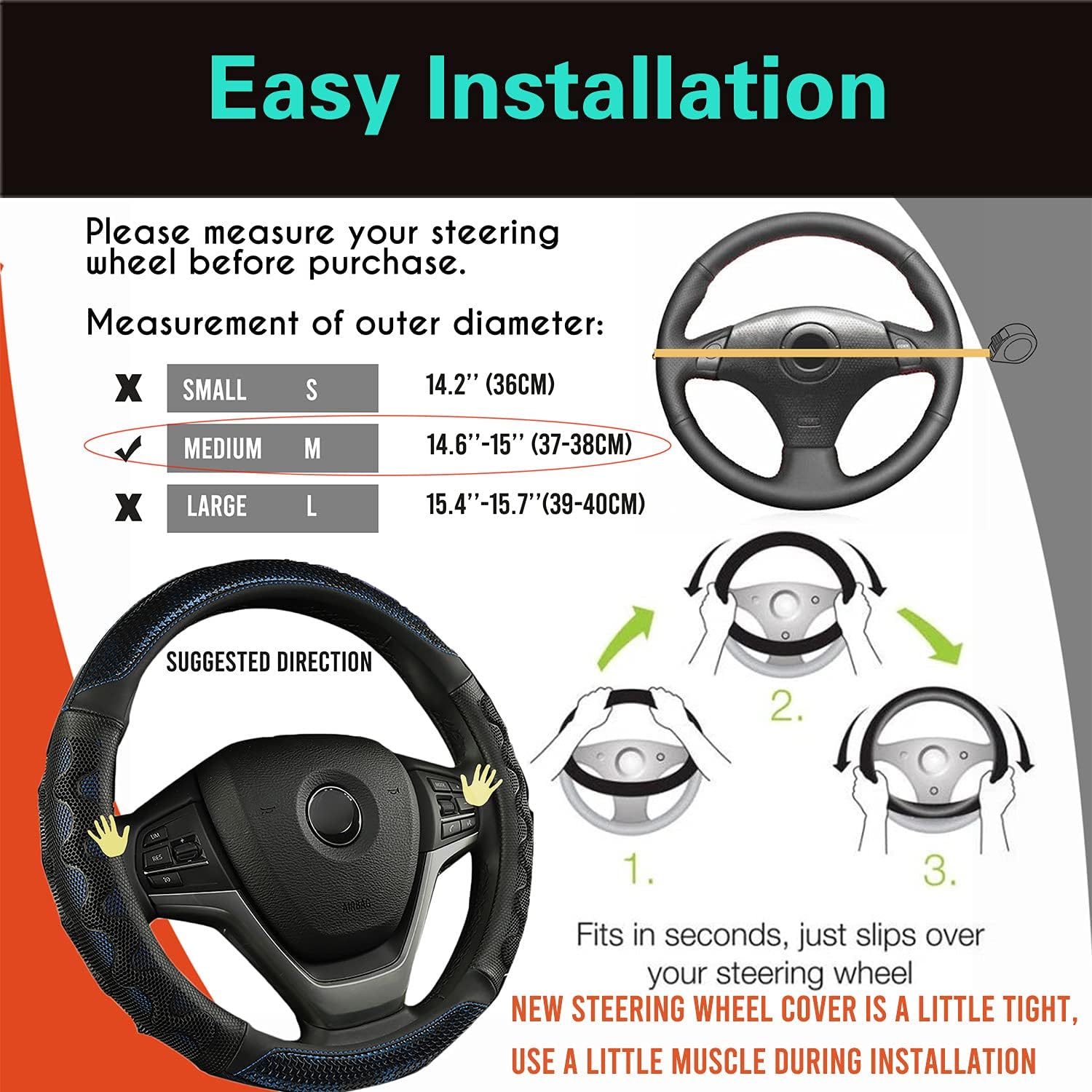 PINCTROT Steering Wheel Cover Great Grip with 3D Honeycomb Anti-Slip Design, Universal 14.5-15 Inch (Blue)