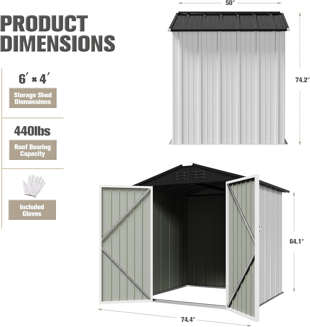 JUMMICO Metal Outdoor Storage Shed 6 x 4 FT Metal Shed with Lockable Door,Waterproof Garden Tool Shed Storage House for Backyard Patio Lawn,White