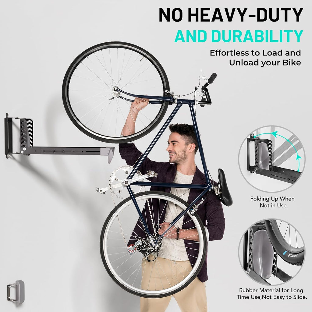 2-Pack Swivel Bike Rack Wall Mount, Bike Hangers for Garage, Space-Saving Vertical Bike Holder, Holds up to 77 lbs, Bicycle Wall Hanger Storage, No Heavy Lifting Required Indoor Hanging Bike Rack