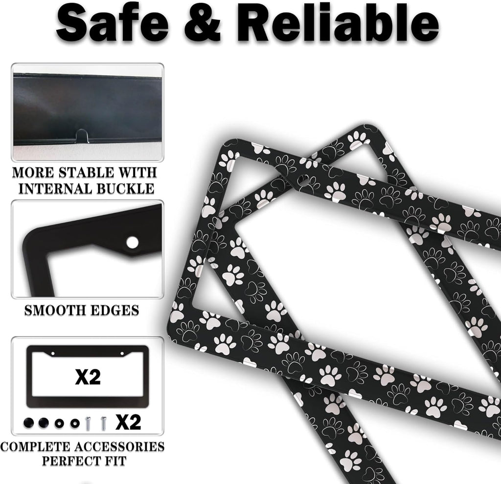 License Plate Holder Black and White License Plate Frames Black White Dog Cat Paw Print Universal Aluminum Car Accessory 2 Pack with Screw Covers Set