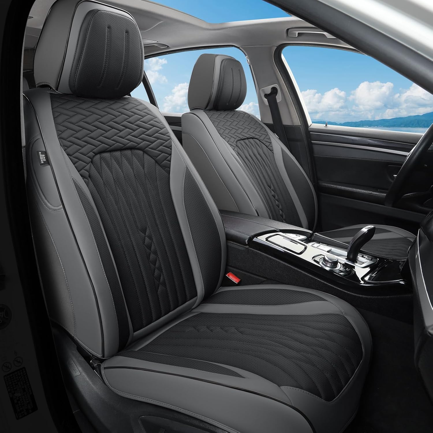 Car Seat Covers Full Set, Leather Seat Covers for Cars, Car Seat Protector Waterproof, Non-Slip Car Interior Covers Fit for Most Cars, SUV, Vans, Trucks,2Seaters,Full Set,Gray-Black,COMFDRIVE-A03