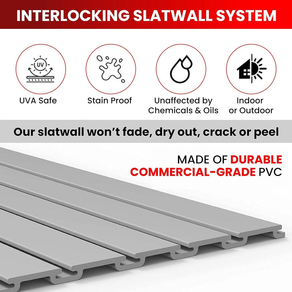 DLDIRECT Slatwall Panel Garage Wall Organizer: Heavy Duty Mounted PVC Rack, Interlocking Slat Paneling for Garage Storage, Slat Wall Board, Shelves System - 3 Color Samples