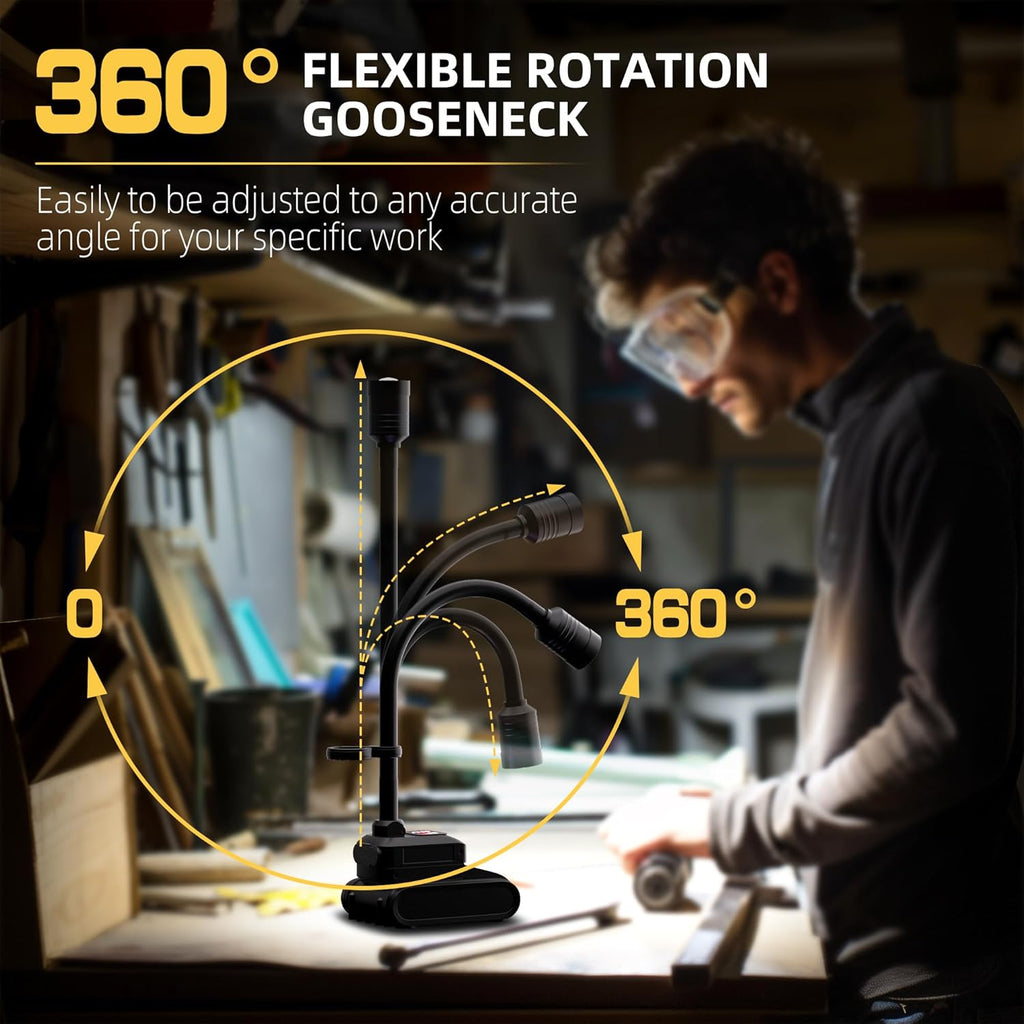 LED Work Light, 5000mAh Magnetic Gooseneck Light Rechargeable, 2000 Lumen 360°Flexible Mechanic Lamp with Hook, Job Site Lights for Men, Work Bench, Auto-Repairing, Emergency, Power Outage