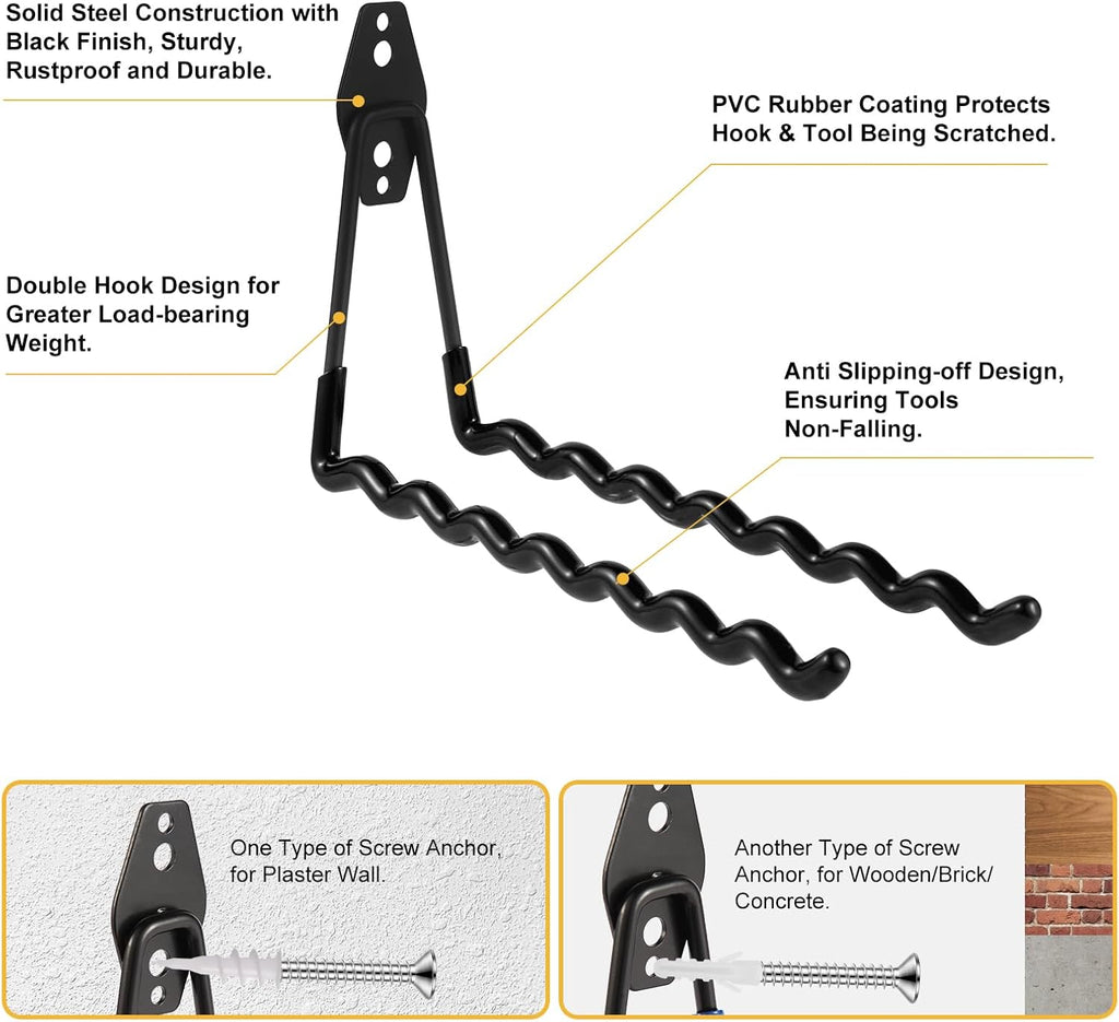 Wall Mounted Garage Hooks Tool Organizer, 14 Inch Garage Storage Hook Heavy Duty Utility Wall Hangers Black for Ladders, Hose, Garden Tools, Set of 4