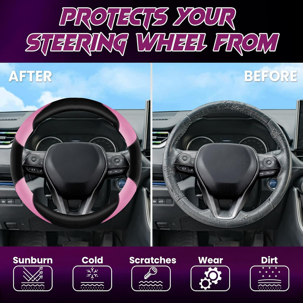 Soft Leather Steering Wheel Cover with Breathable Design and Anti-Slip Grip, Fully Compatible with Tesla, Toyota, Honda, Nissan 14.2-14.96 inch Round Steering Wheel（Sedans and SUVs）
