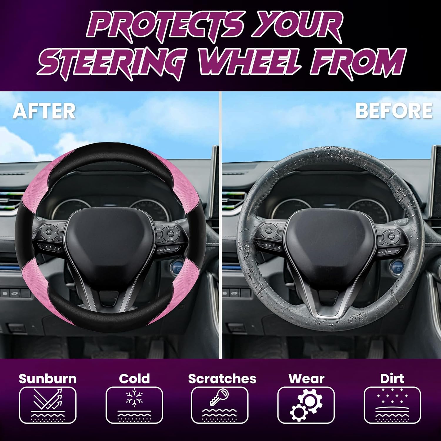 Soft Leather Steering Wheel Cover with Breathable Design and Anti-Slip Grip, Fully Compatible with Tesla, Toyota, Honda, Nissan 14.2-14.96 inch Round Steering Wheel（Sedans and SUVs）