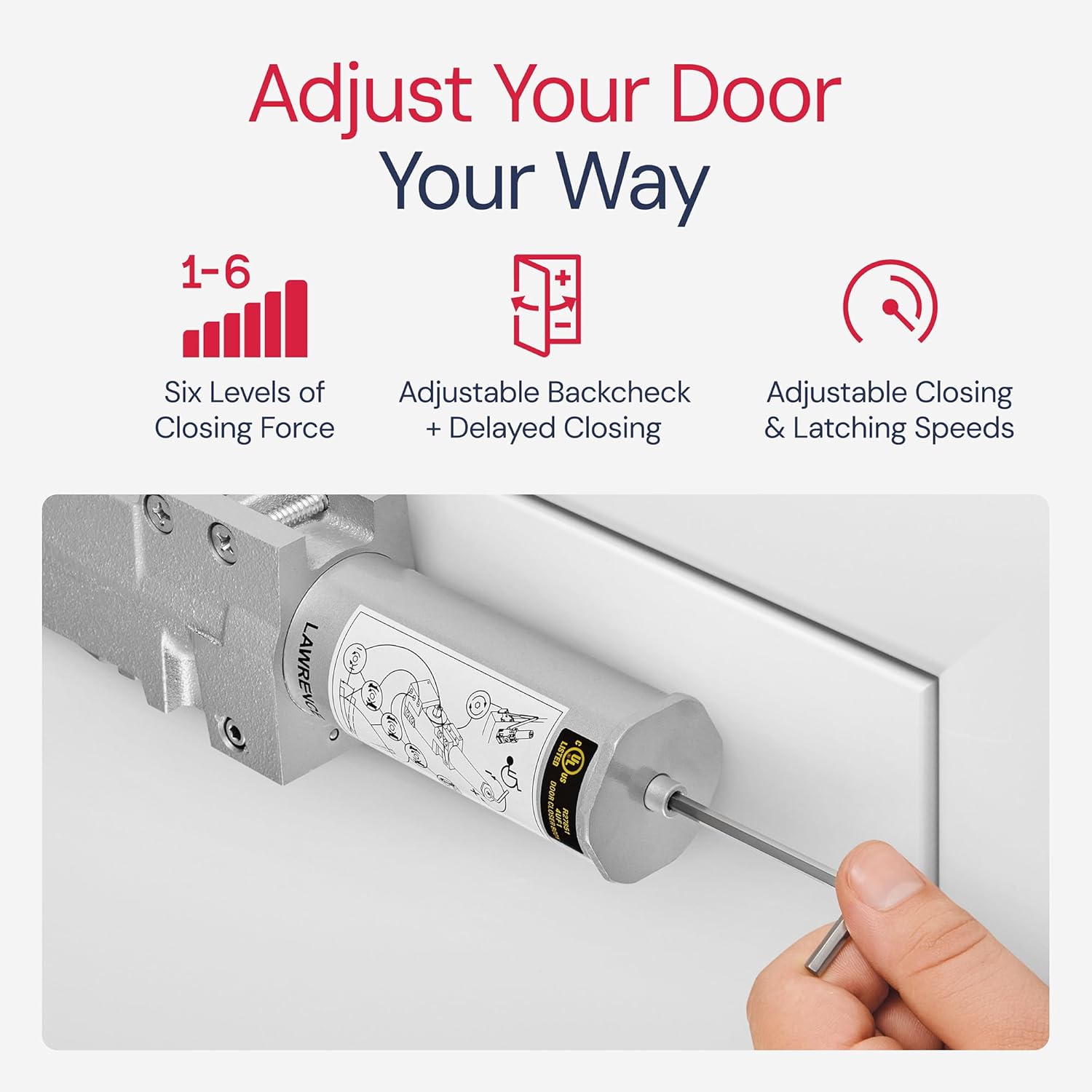 Lawrence Extra Heavy Duty Door Closer Commercial Grade 1 - Adjustable 6-Speed Delayed-Action Door Control with 3 Pistons – Flexible Installation with Included Hardware - Embassy Series LH8016