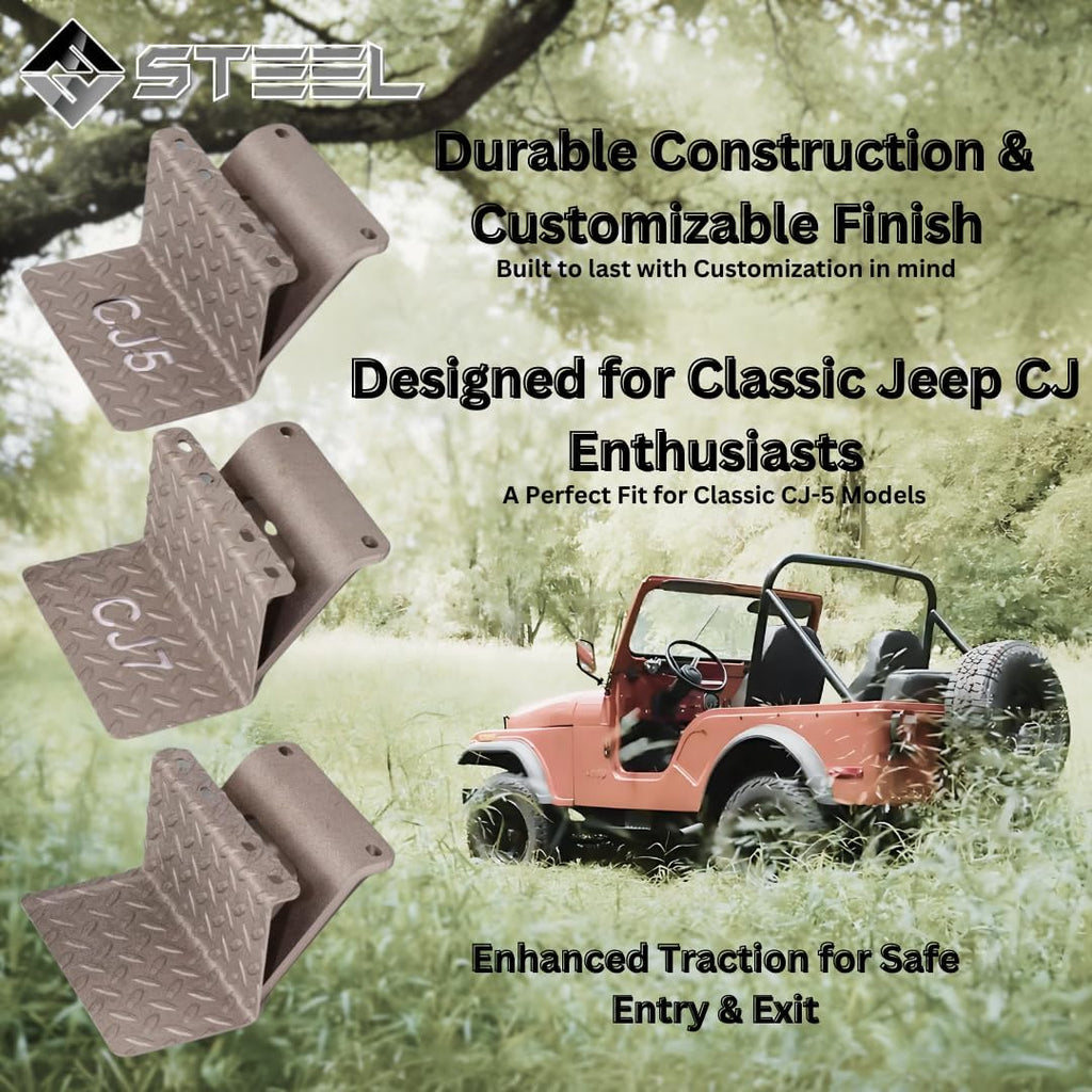 CJ5 Side Steps Compatible with Jeep © CJ Vehicles (Pair) - Solid Steel Construction - Metal Diamond Treadplate Traction Design - Universal Fitment on Classic CJ-5 (CJ5 Cutout)