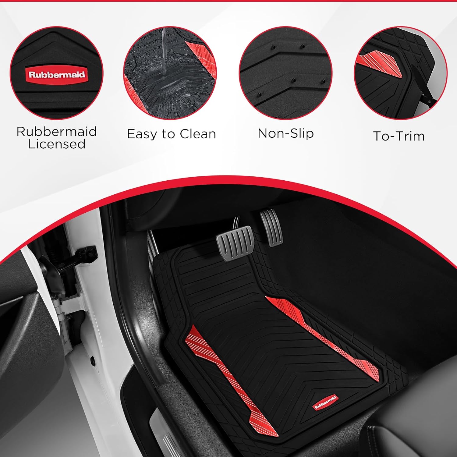 Rubbermaid Car Floor Mat, Heavy Duty All-Weather Car Mats Full Set with Dual-Tone Red Aluminum Inserts – Universal Fit, Anti-Slip Backing, Trim-to-Fit for Most SUV, Sedan, Van