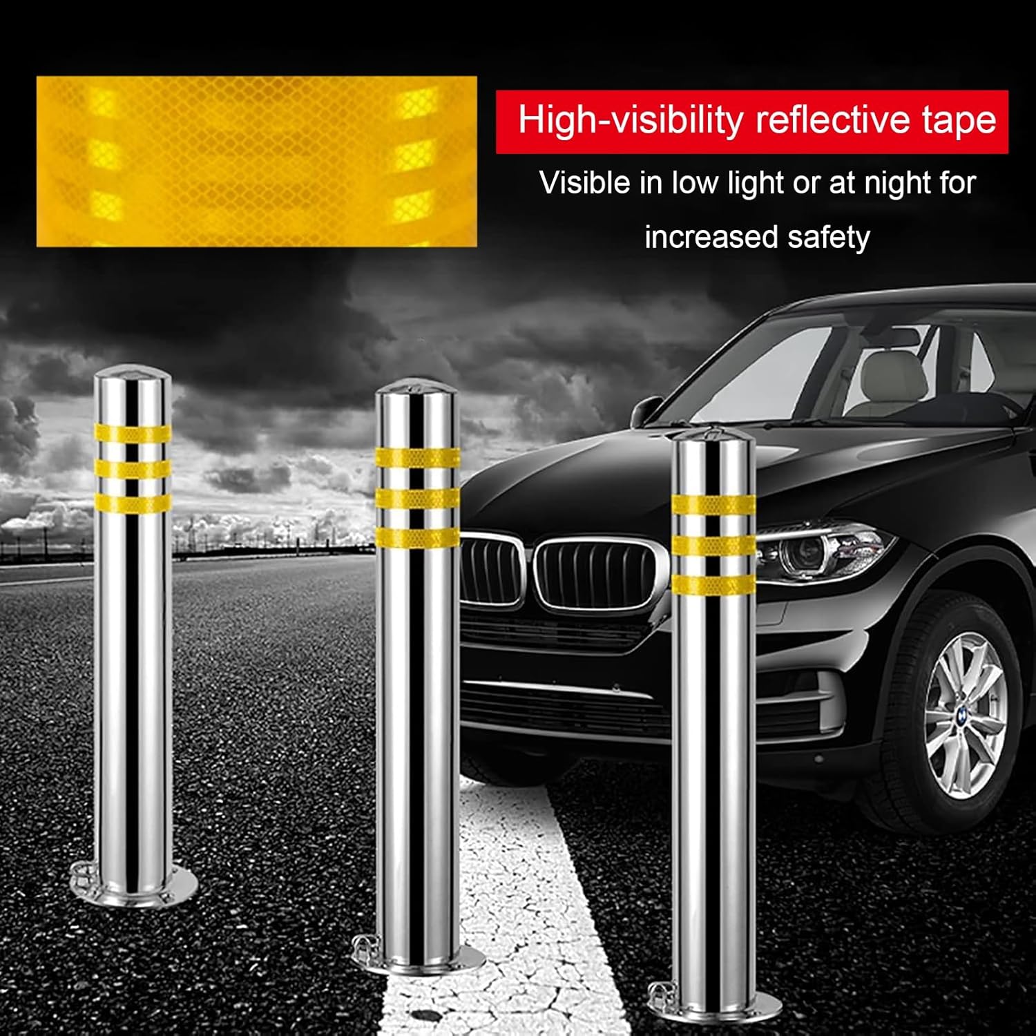 Stainless Steel Parking Bollards for Driveway, Industrial Safety Bollards Reflective Channelizer Post, Parking Barrier, Sturdy and Durable, Easy to Install, for Crowd Control(Silver (1pcs),8.9*75cm/3.
