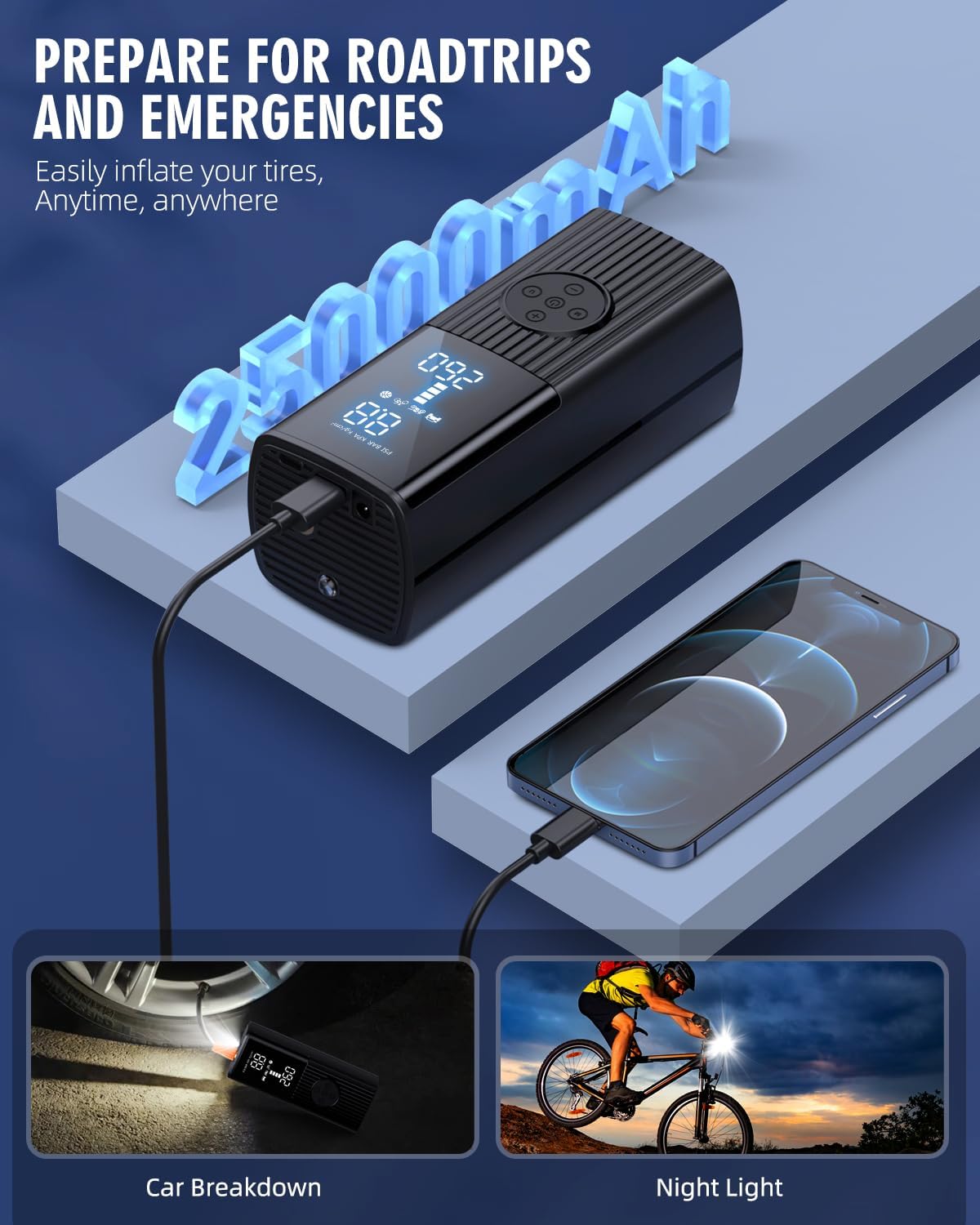 Tire Inflator Portable Air Compressor, 180PSI Portable Air Compressor with with LED Light, 25000mAh & 3X Faster Inflation Air Pump for Car, Bike, Motorcycle, Ball and more
