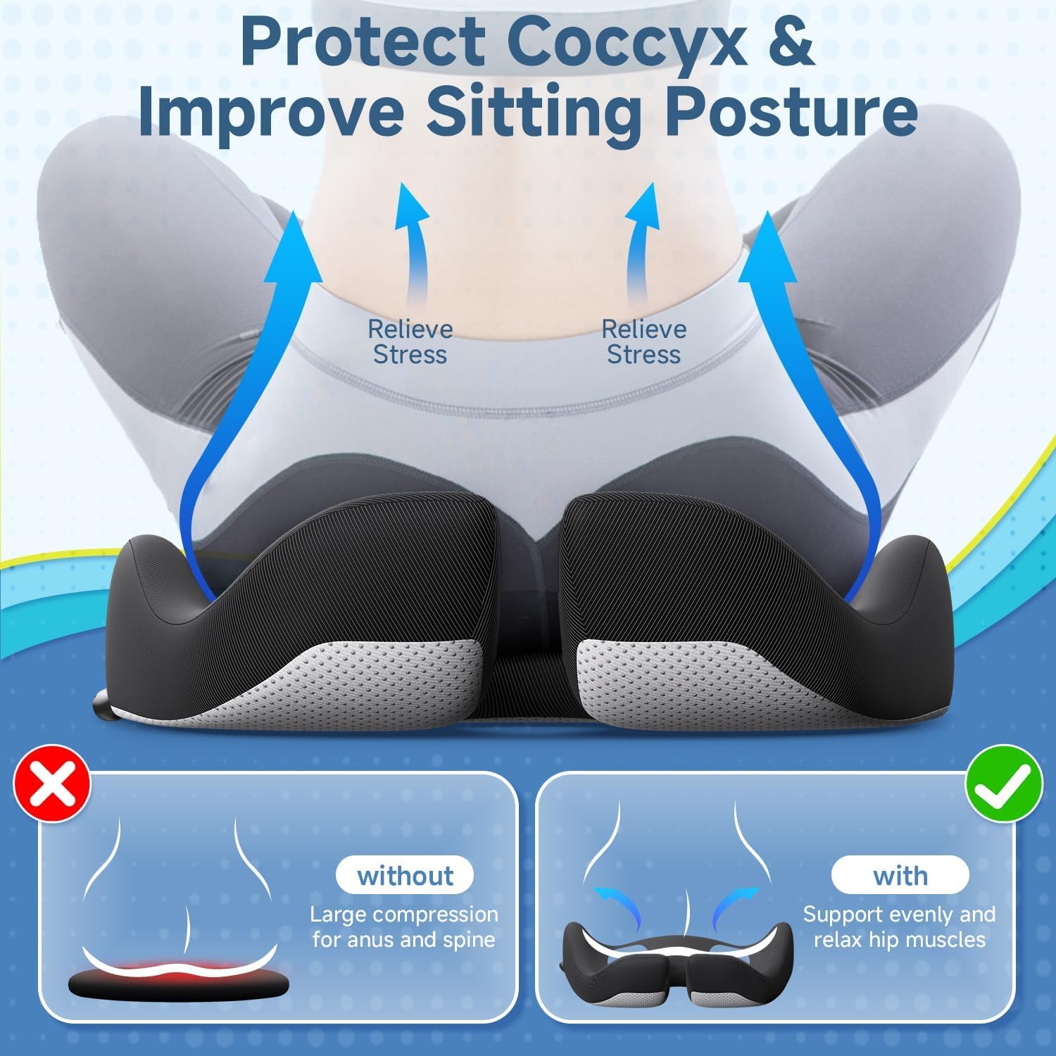 Benazcap X Large Gel Seat Cushion for Office Chair Ergonomic Cushions-Gel & Memory Foam Coccyx Butt Pillow for Sciatica & Back Pain Relief for Long Sitting for Gaming Chair and Car Seat-Black