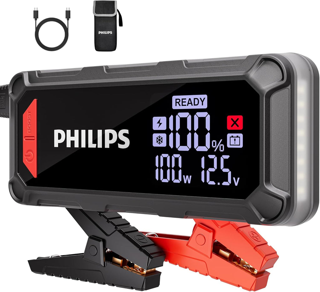 PHILIPS 2300A Car Battery Jump Starter, 12V 16000mAh Portable Lithium Jump Starter Battery Pack (8.5L Gas 6L Diesel Engine) with 100W Quick Charge,DC Output,LED Screen,LED Light