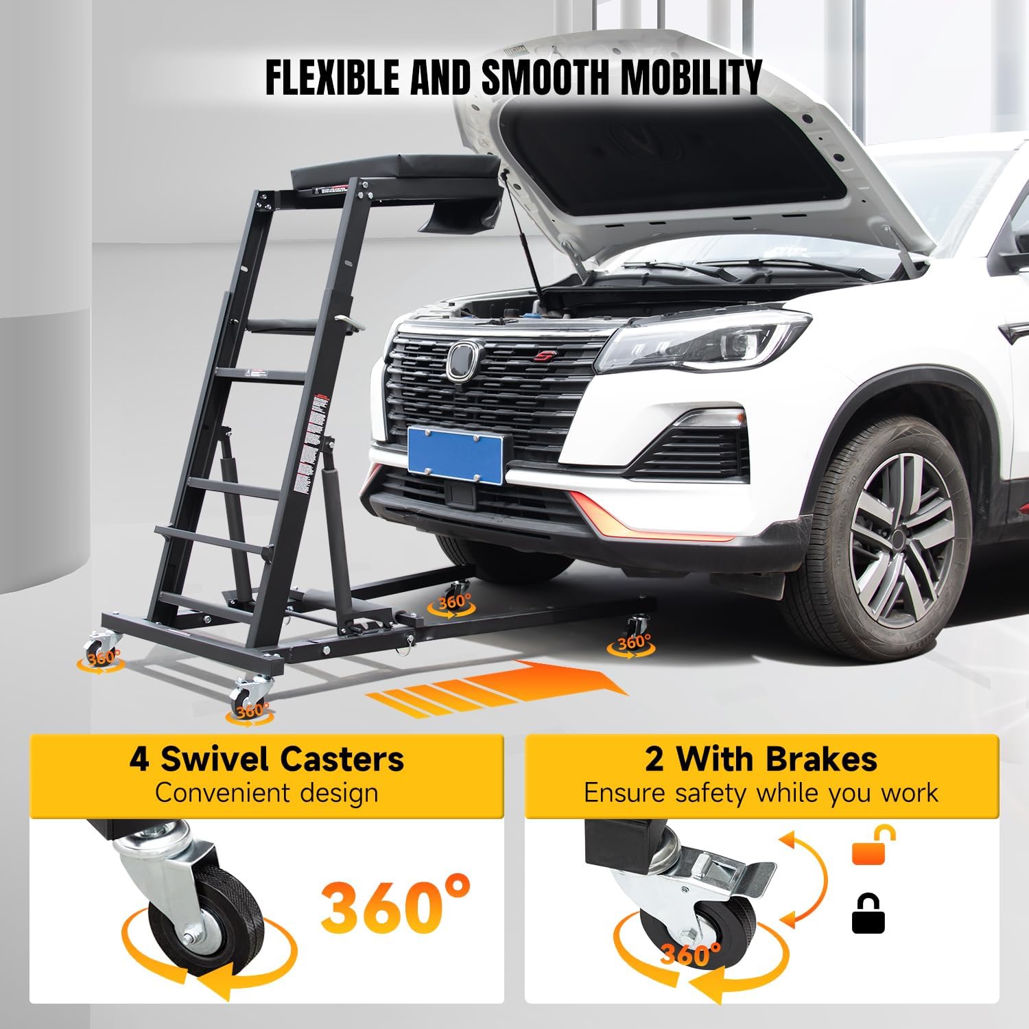 Adjustable Topside Creeper Automotive Engine Creeper 47''-65'', 440 LBS Capacity, 4 Swivel Caster Wheels (2 with Brakes), Padded Deck for Home Garage, Workshop Repair Maintenance
