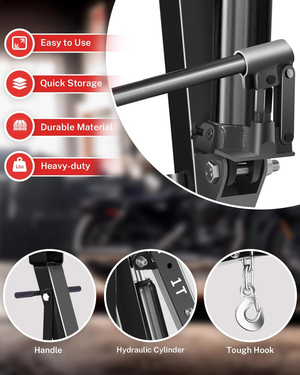 2-Ton Folding Engine Hoist with Lever, Hydraulic Shop Crane with 6 Swivel Wheels & Adjustable Boom (0.5T-2T), Heavy-Duty Cherry Picker for Garage, Workshop, Truck, Farm (Net Wt. 168 lbs)