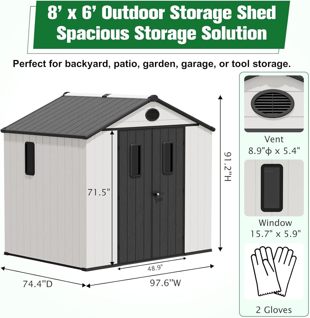 EAGLE PEAK 8x6 Resin Outdoor Storage Shed, Weatherproof Garden Shed with Floor & Lockable Doors, Tool & Equipment Storage for Backyard or Patio, White/Gray