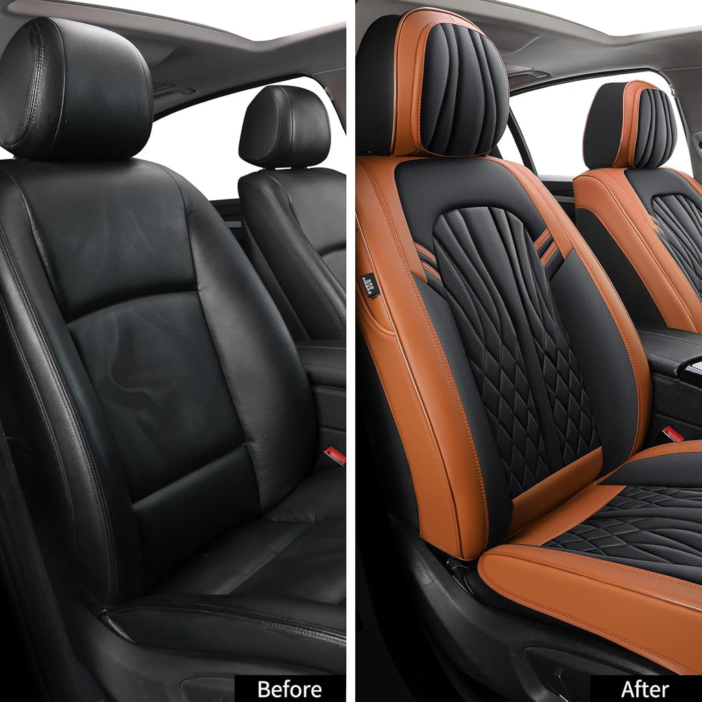 Car Seat Covers Front Seats, Car Seat Protector Waterproof, Car Seat Cushion Nappa Leather, Driver Seat Cover Brown Carseat Cover Universal Fit for Most Cars Brown&Black