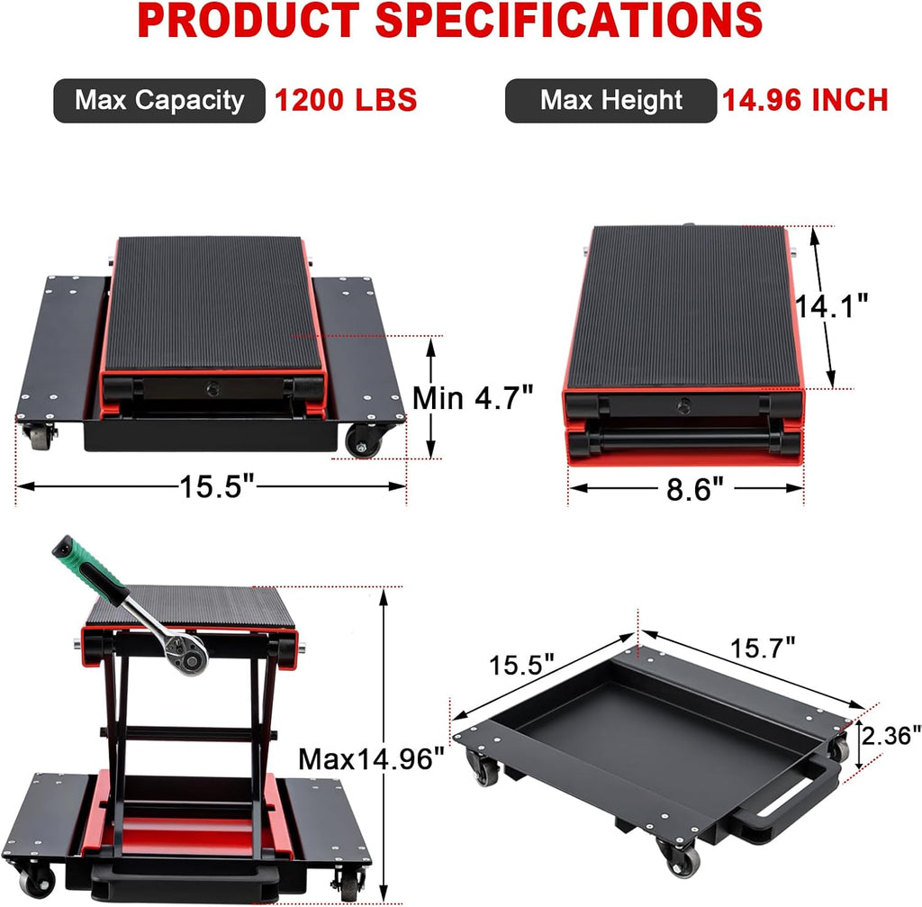 CXRCY1200 LBS Motorcycle Jack with Dolly, Motorcycle Lift Scissor Jack Upgraded Dirt Bike ATV Steel Motorcycle Hoist Stand with Ratchet Wrench,Crank Handle,Thickened Rubber Pad,Wide Deck