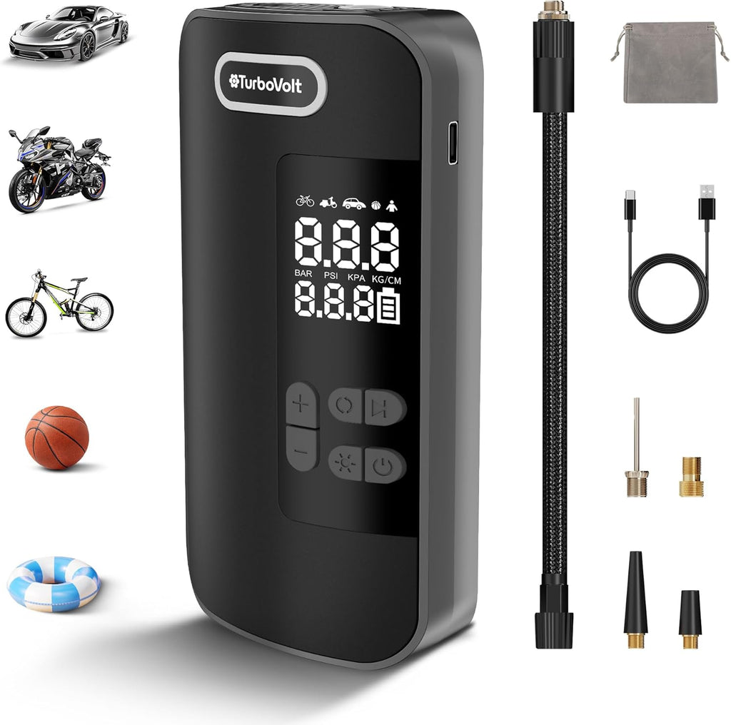 Tire Inflator Portable Air Compressor, 150PSI Rechargeable 2X Faster Cordless Air Pump, Portable Tire Inflator with Pressure Gauge & LED Light 4 Preset Modes, Electric Air Pump for Motor Bike Ball