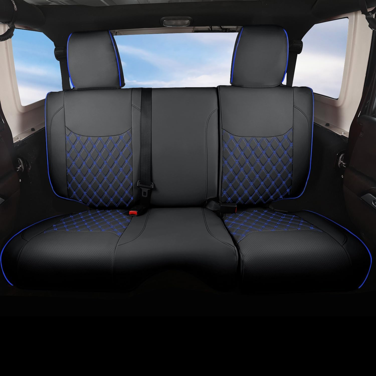 GIANT PANDA Customized Full Set Car Seat Covers for Jeep Wrangler 4 Door JK Sahara Sport Rubicon Unlimited Willys Wheeler Altitude 2013 2014 2015 2016 2017, Faux Leather - (Black+Blue)