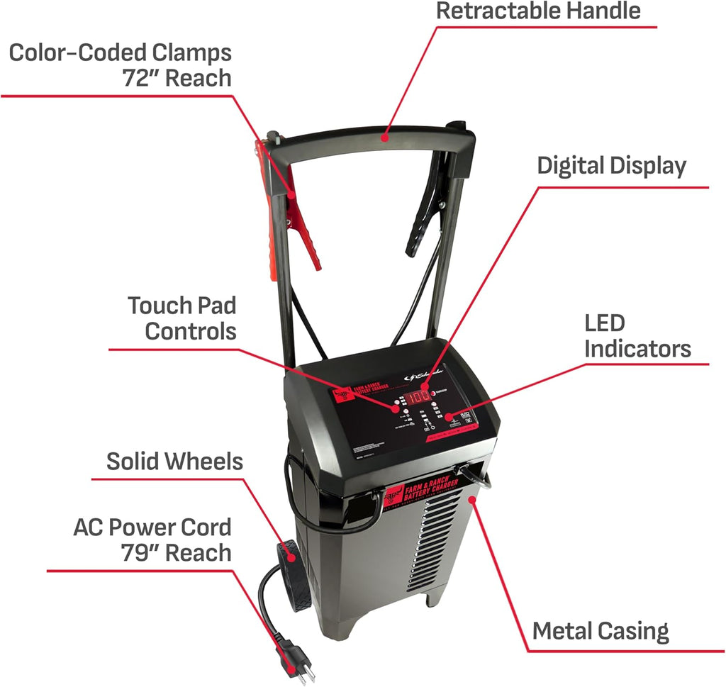Schumacher Electric Farm and Ranch Wheeled 6A Charger and 250A Engine Starter, 4-in-1 Solution for 6V/12V Batteries, Maintainer, 50A Boost, FR01336, For Power Sport, Automotive, and Marine Batteries